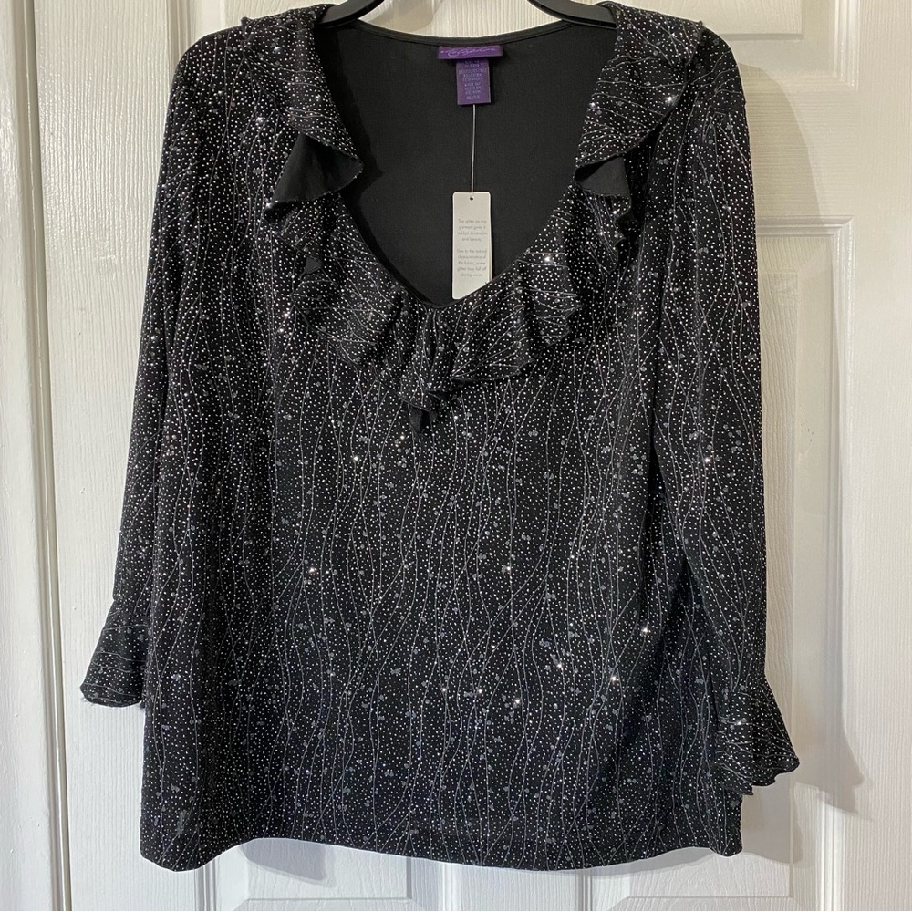 Metaphor Women’s Shirt Black Gold Sparkle Shiny V Neck 3/4 Sleeve SzXL NWT♦️